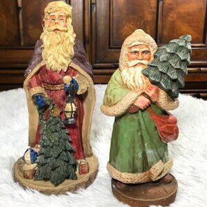 Set of 2 Vintage Olde World '1903 Italy' Carved Heavy Resin Santa Statues